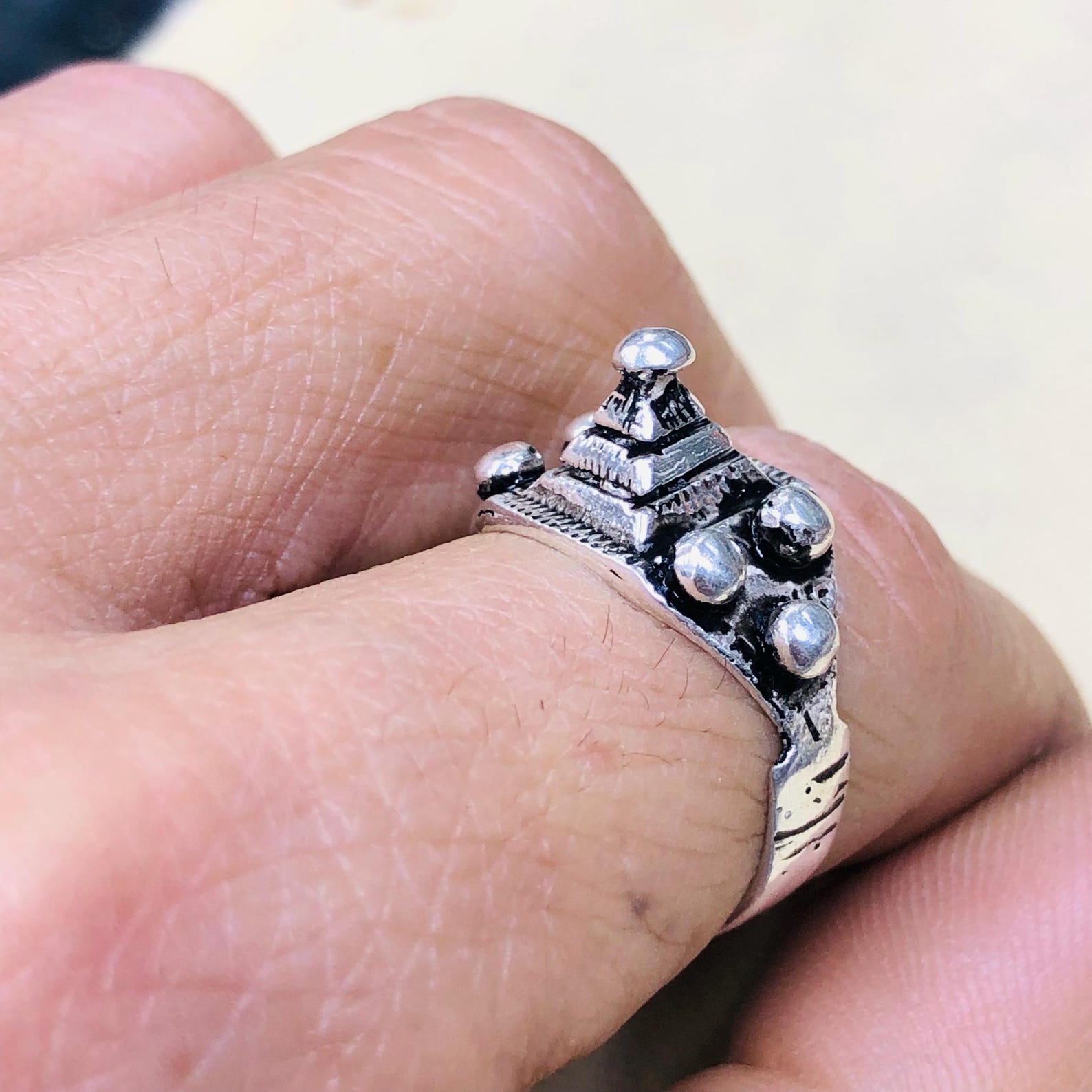 Handmade Amazigh Berber Solid Silver Geometric Pyramid Cone Ring
