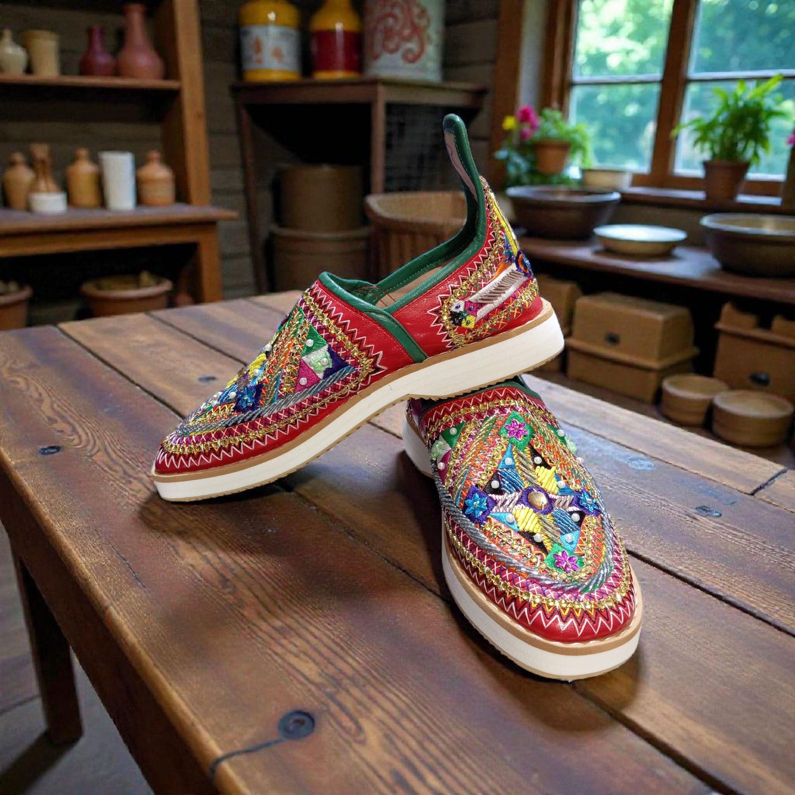 Berber Handcrafted Leather Babouche Shoes with Colorful Embroidery