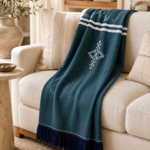 Amazigh Deep Teal Cotton Bedspread Handmade White Blanket