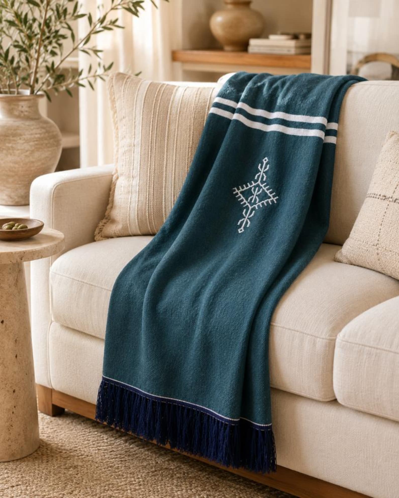 Amazigh Deep Teal Cotton Bedspread Handmade White Blanket