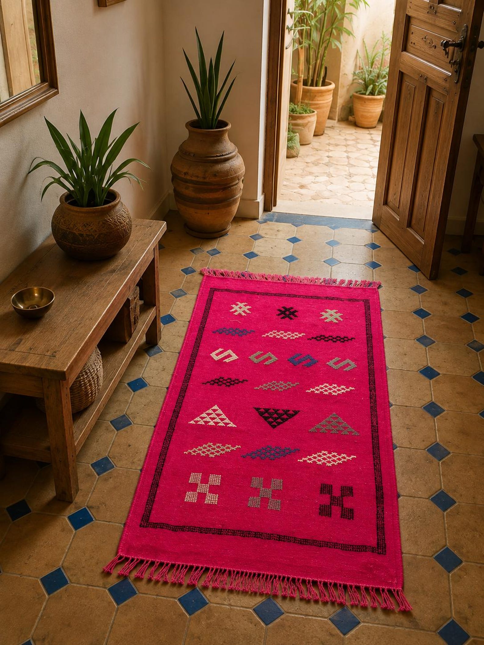 Amazigh Pink Cashmere Handmade Geometric Accent White Rug