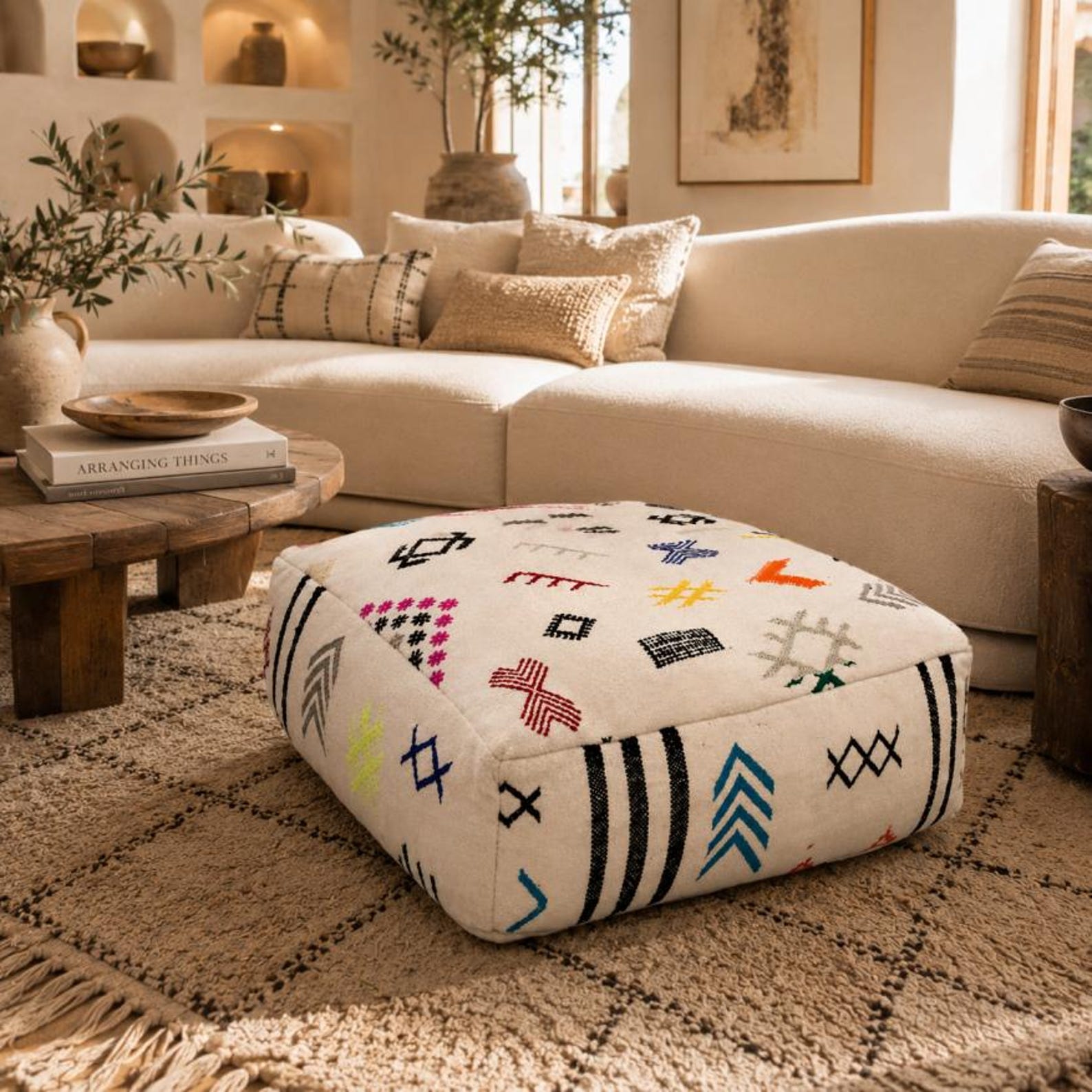 Berber Embroidered Boho Floor Cushion Colorful Tribal Pouf
