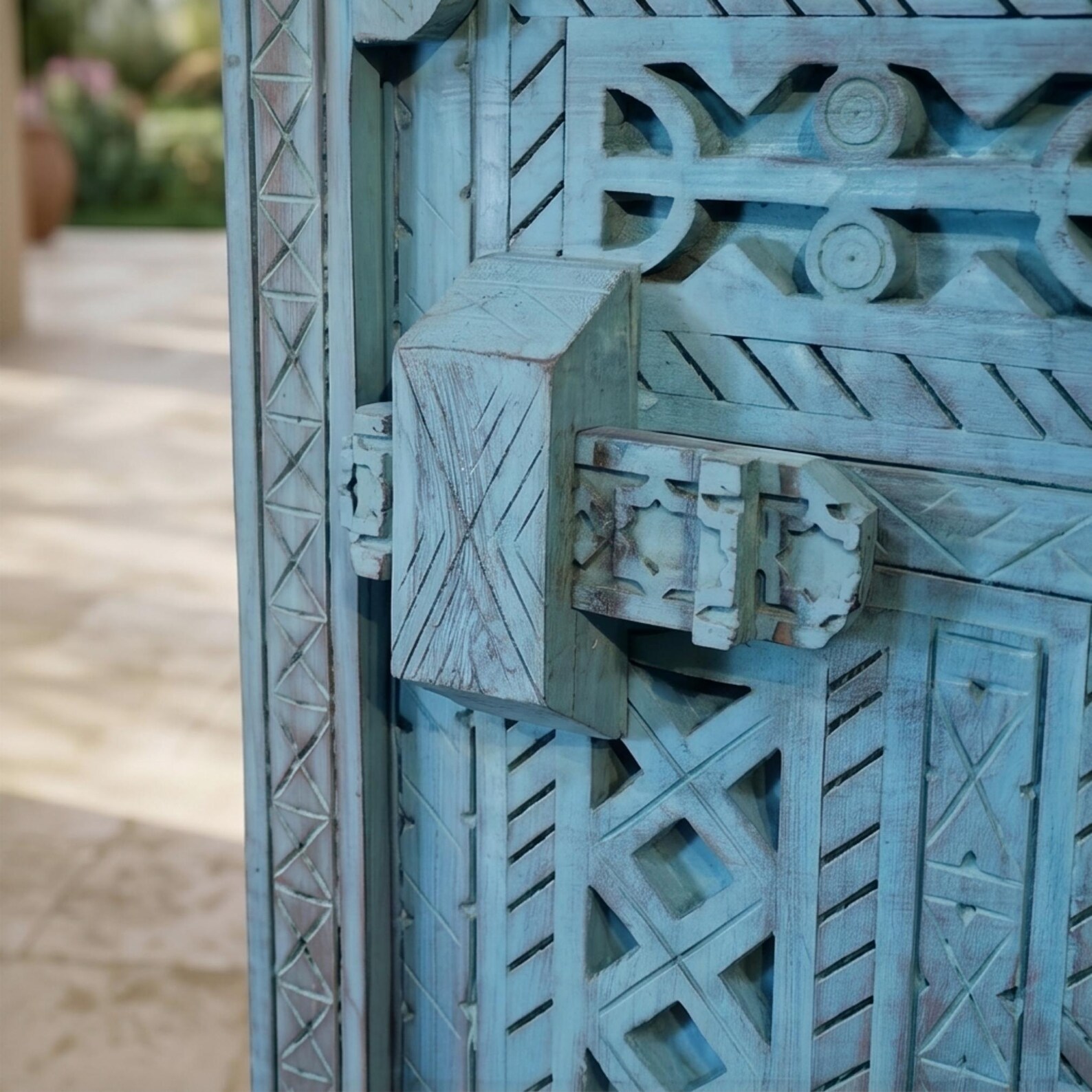 Berber Hand-Carved Turquoise Wooden Door Arched Entryway Rug