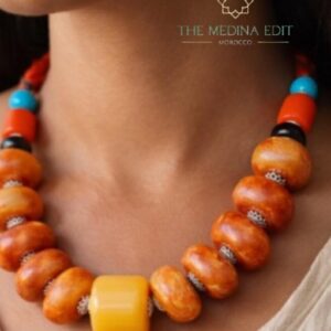 Traditional Amazigh Atlas Necklace with Orange Honey and Turquoise Beads