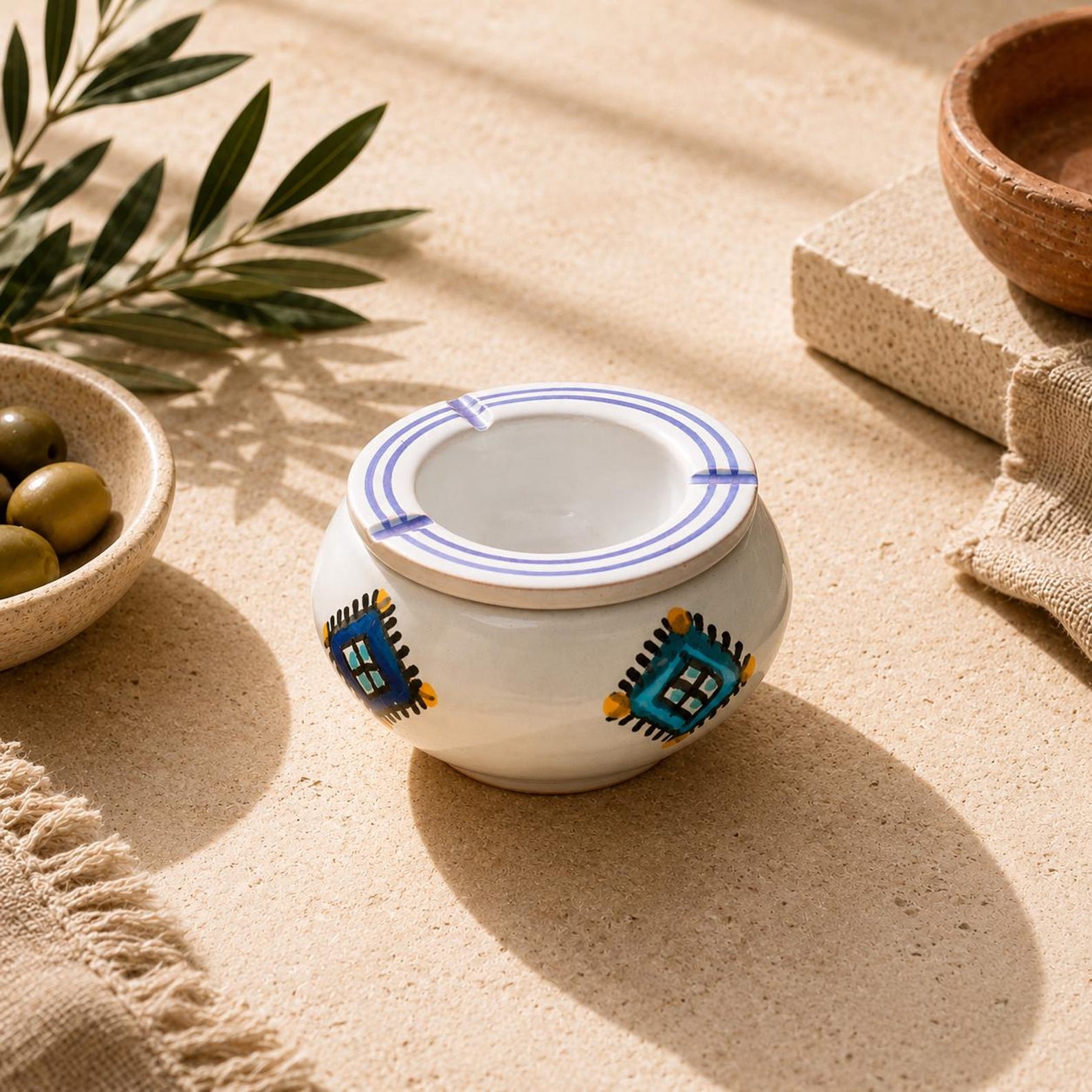 Berber Ceramic Ashtray Clay Pottery Geometric Patterns Oil