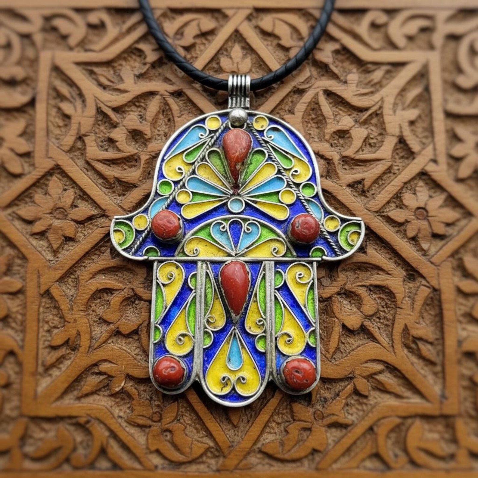 Berber Khamsa Pendant Silver Handmade Hamsa Red Necklace