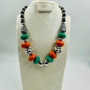 Amazigh Orange Green Resin Beads Silver Accents Necklace
