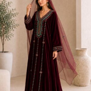 Amazigh Burgundy Velvet Crystal Embroidered Bridal Takchita Kaftan