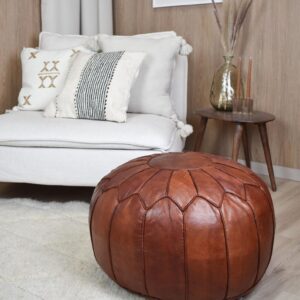 Berber Leather Honey Brown Delivered Stuffed Modern Pouf