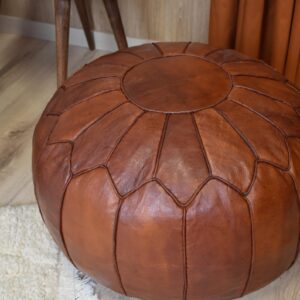 Berber Leather Honey Brown Delivered Stuffed Modern Pouf