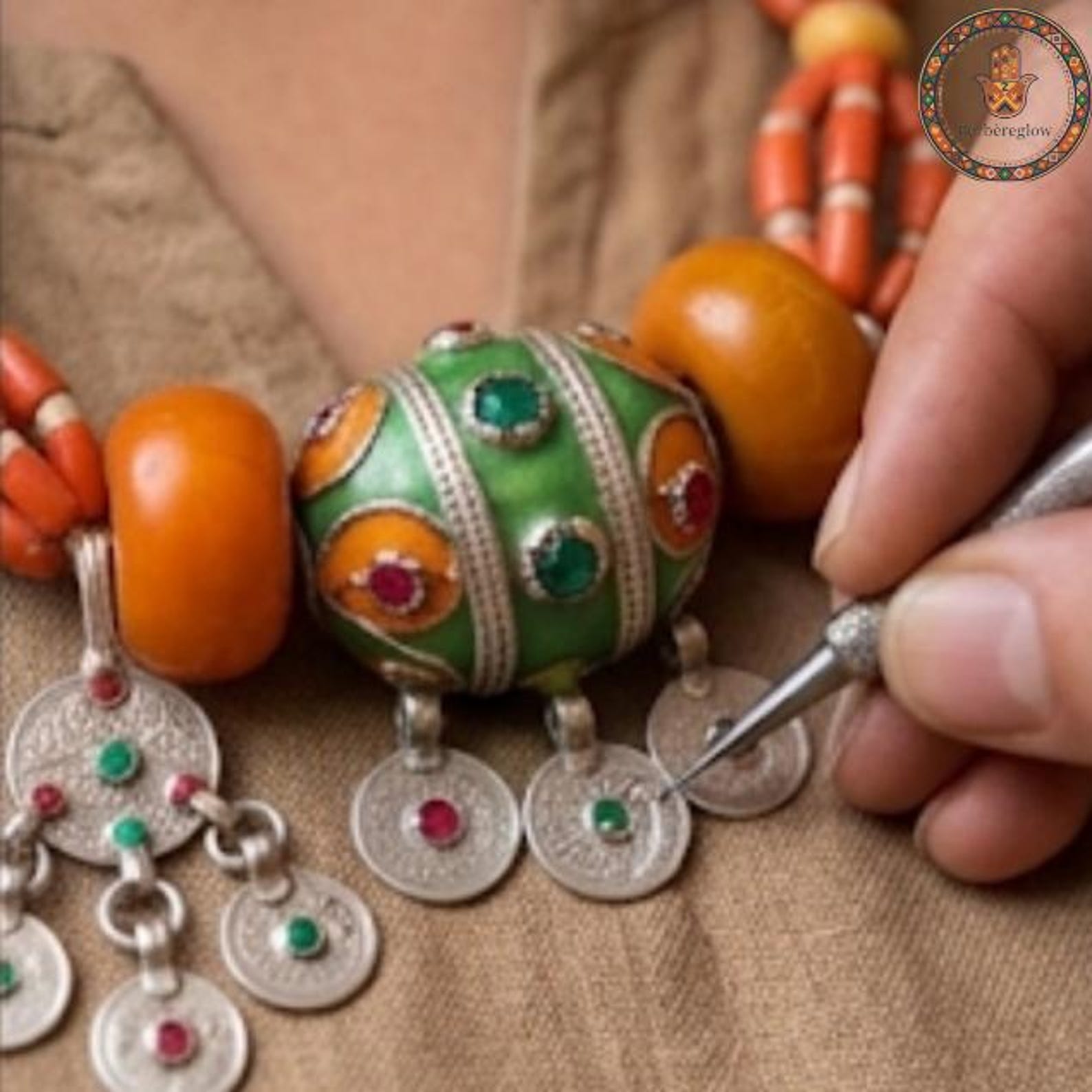 Berber Handmade Tribal Jewelry Orange Beaded Statement Necklace