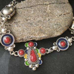 Handmade Amazigh Berber Kabyle Red Coral Enamel Adjustable Stainless Steel Bracelet