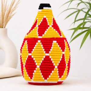 Berber Handmade Woven Palm Basket with Lid and Wool