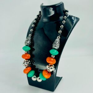 Amazigh Orange Green Resin Beads Silver Accents Necklace