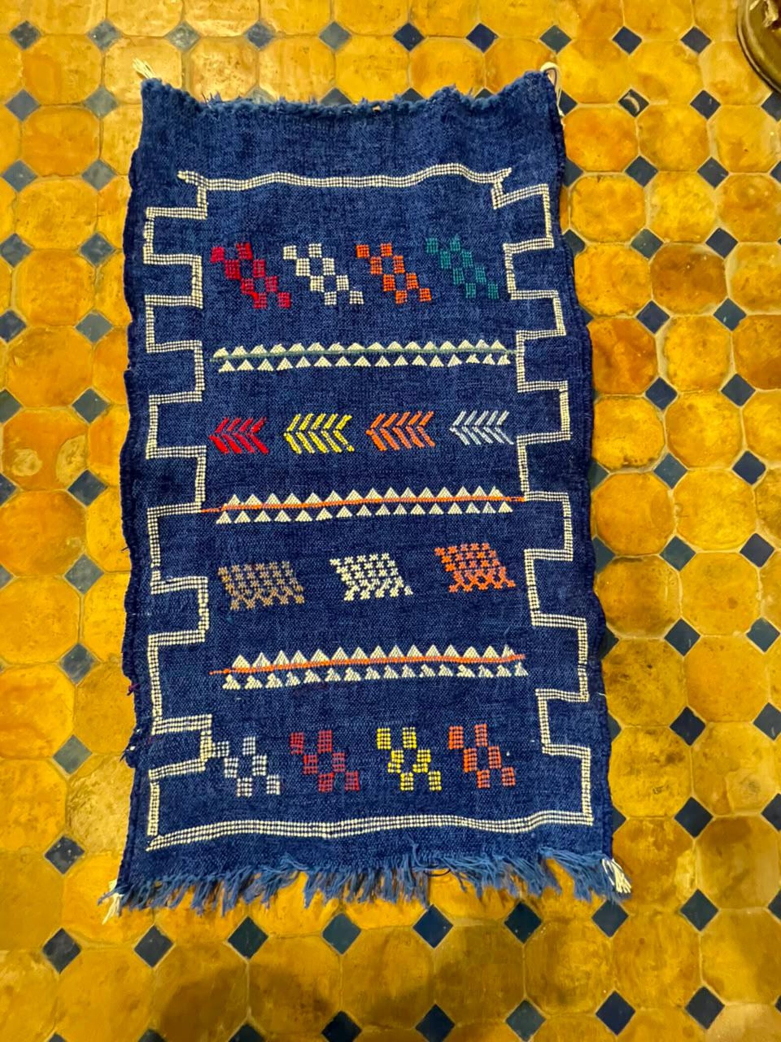 Berber Handmade Navy Blue Cashmere Geometric Carpet Rug