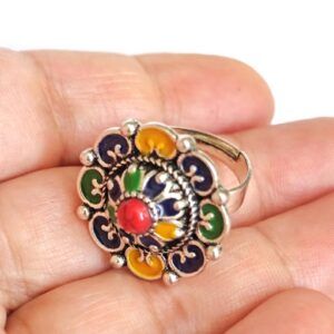 Amazigh Silver Tone Enameled Adjustable Flower métal Ring
