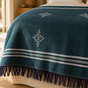 Amazigh Deep Teal Cotton Bedspread Handmade White Blanket