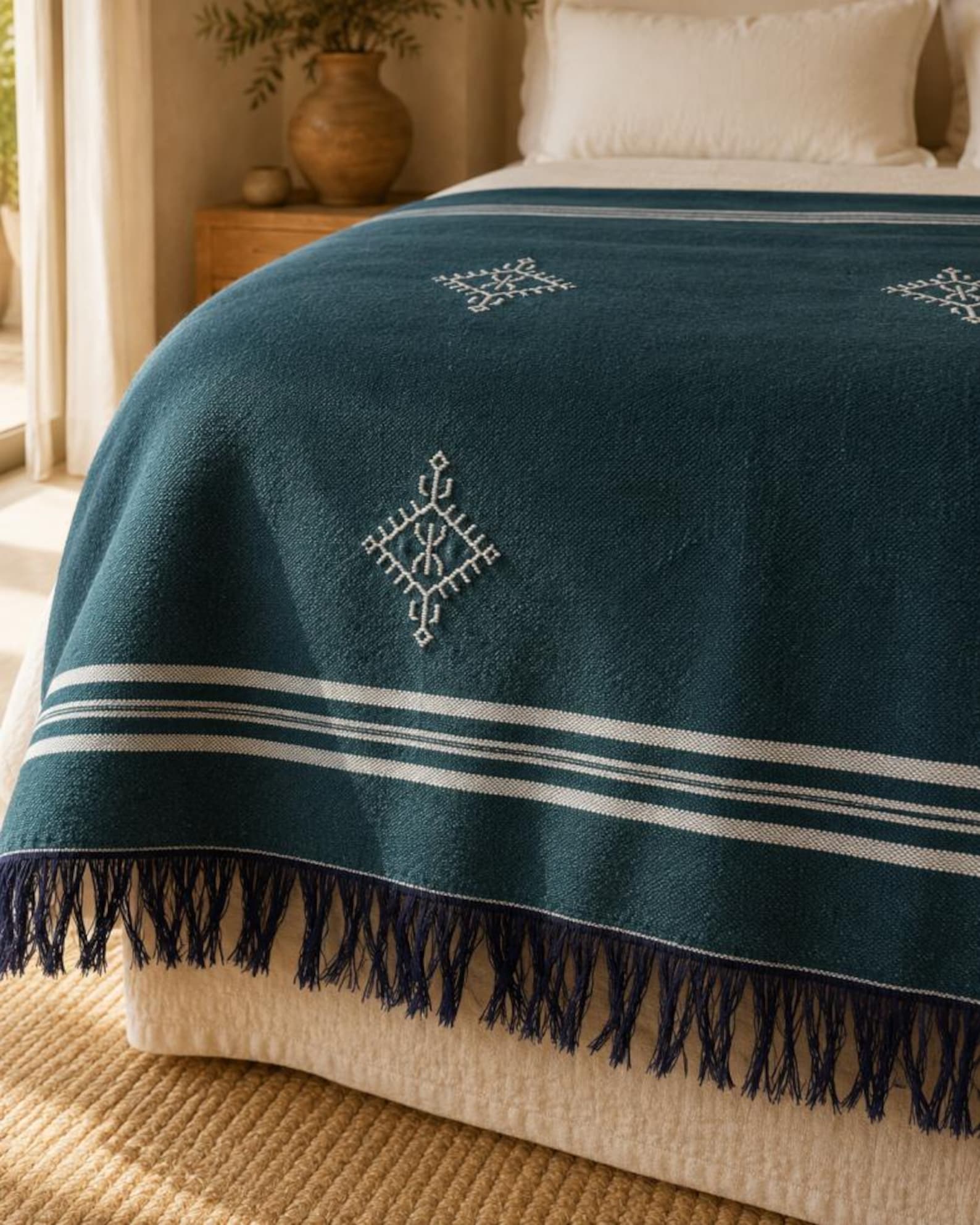 Amazigh Deep Teal Cotton Bedspread Handmade White Blanket