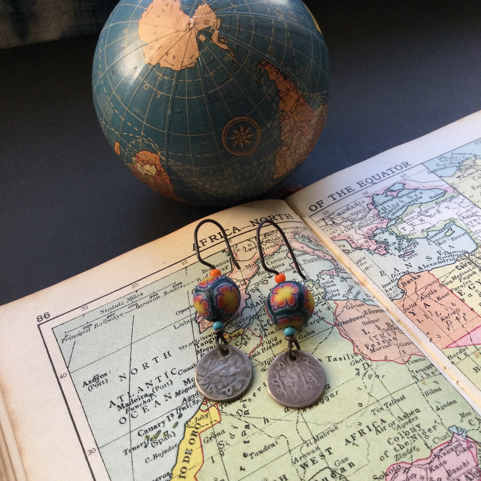 Berber COIN antique coral Venetian beads silver EARRINGS