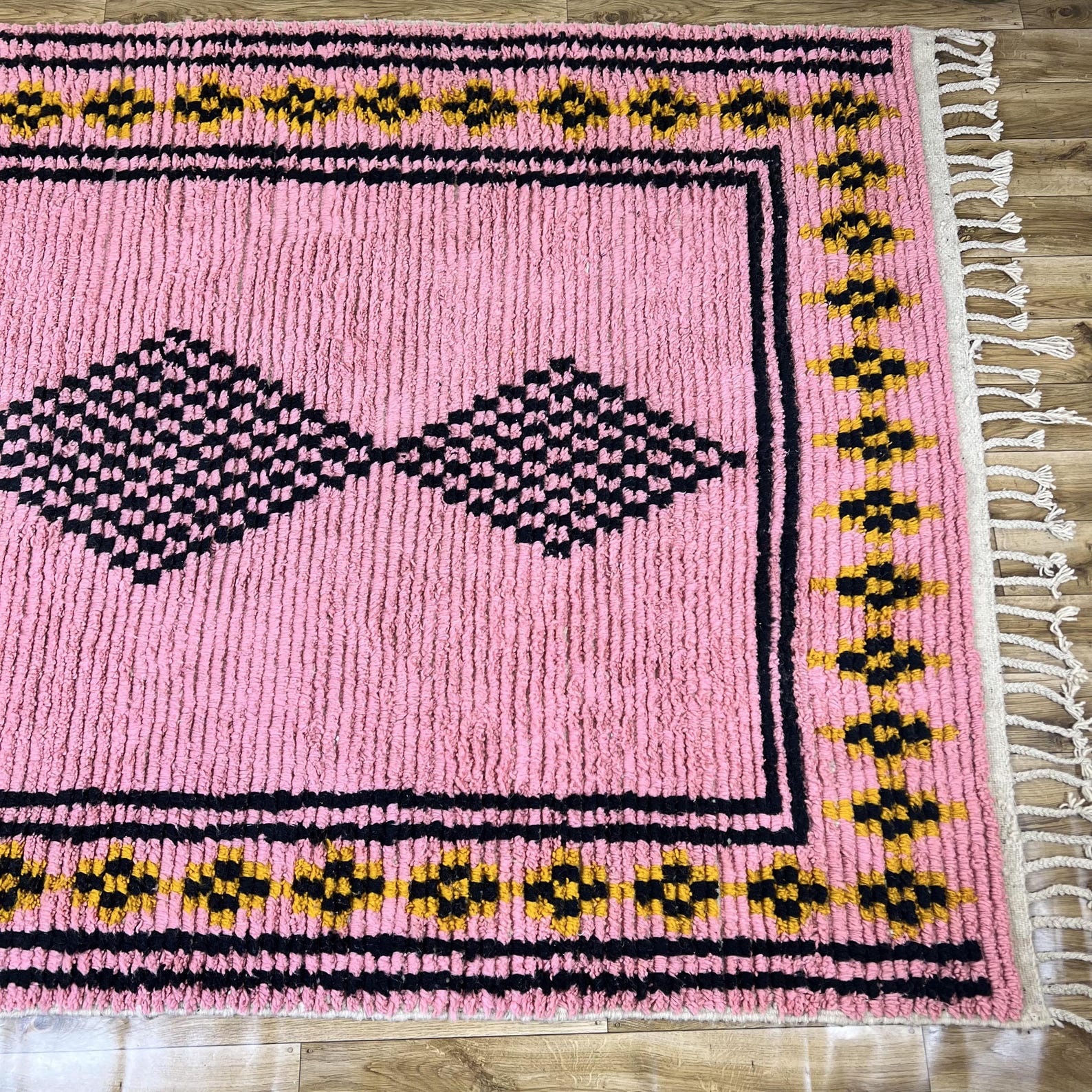 Amazigh Pink Cream Black Geometric Diamond Wool Rug