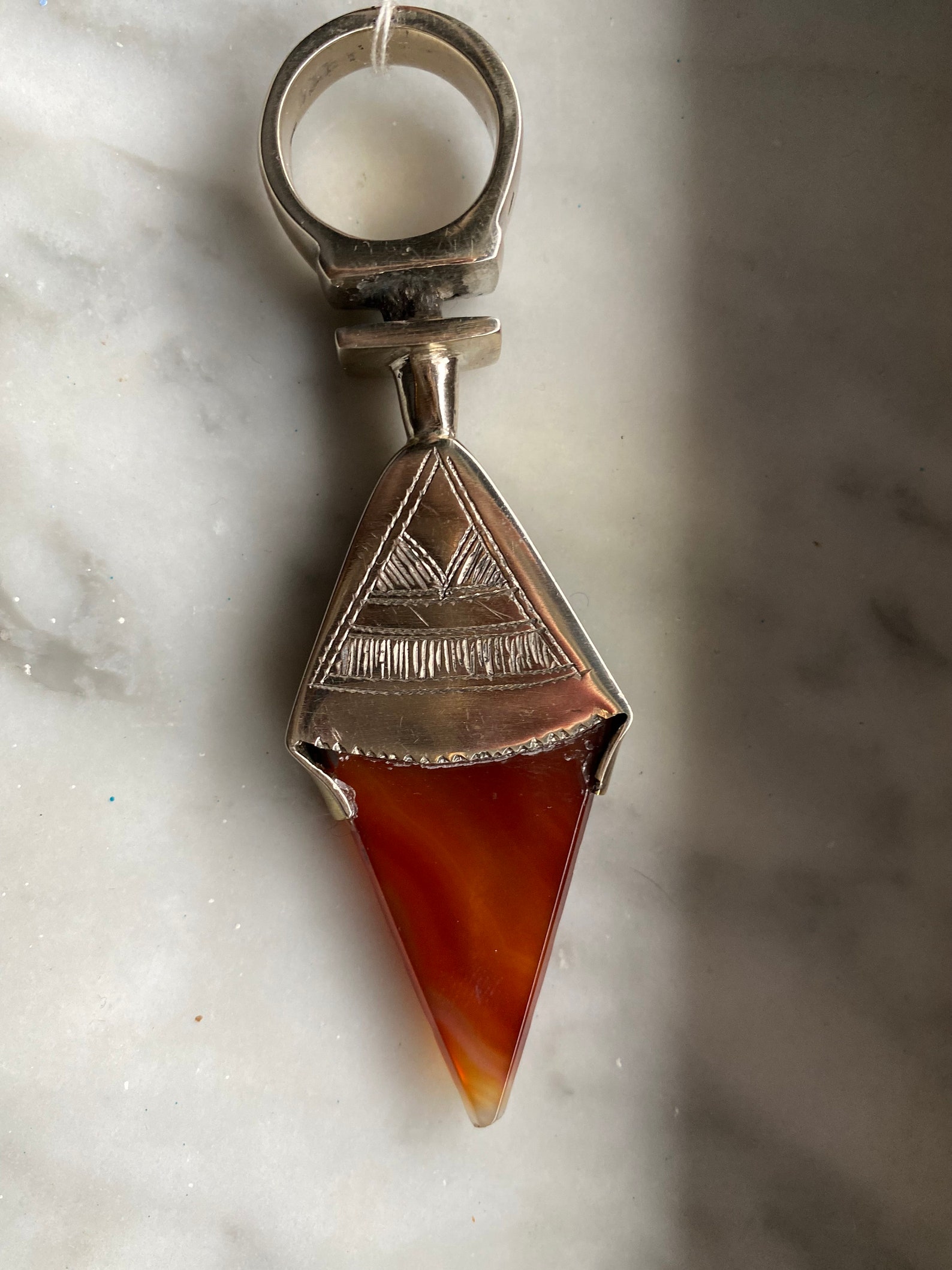 Amazigh Gigantic Carnelian Agate & Silver Tuareg Ring Amulet Hair Ornament Necklace