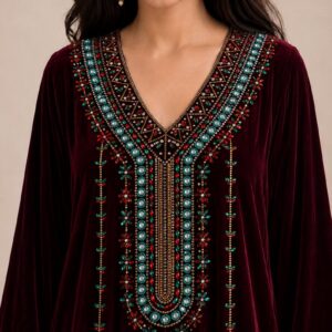 Amazigh Burgundy Velvet Crystal Embroidered Bridal Takchita Kaftan