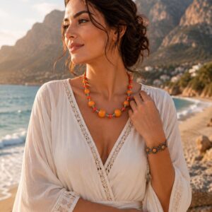 Berber Jewelry Set Orange Statement Handmade Bracelet Necklace