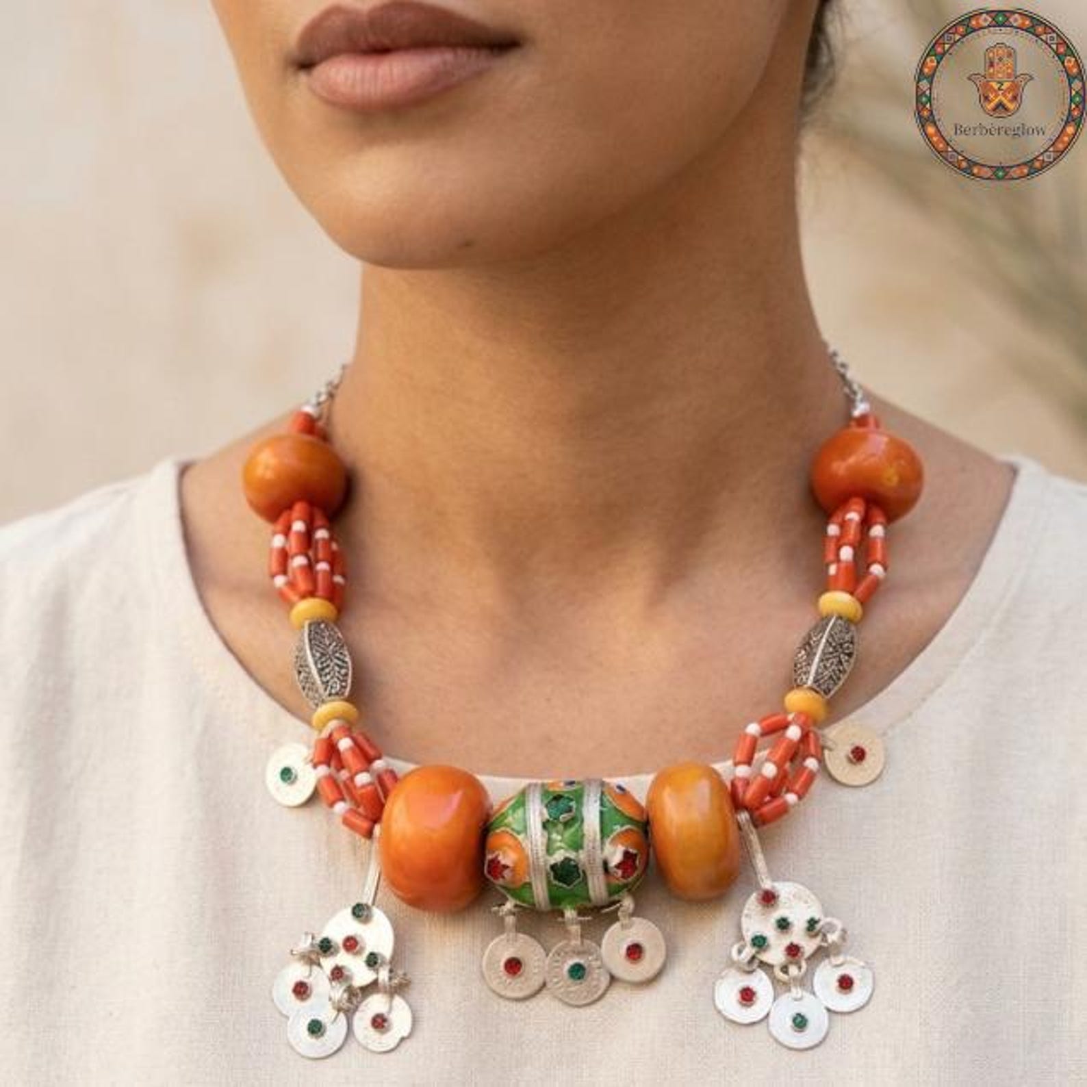 Berber Handmade Tribal Jewelry Orange Beaded Statement Necklace
