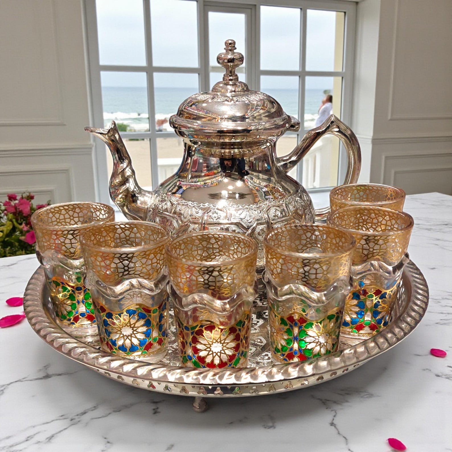 Amazigh Silver Tea Set Tray Glasses Handmade Traditional