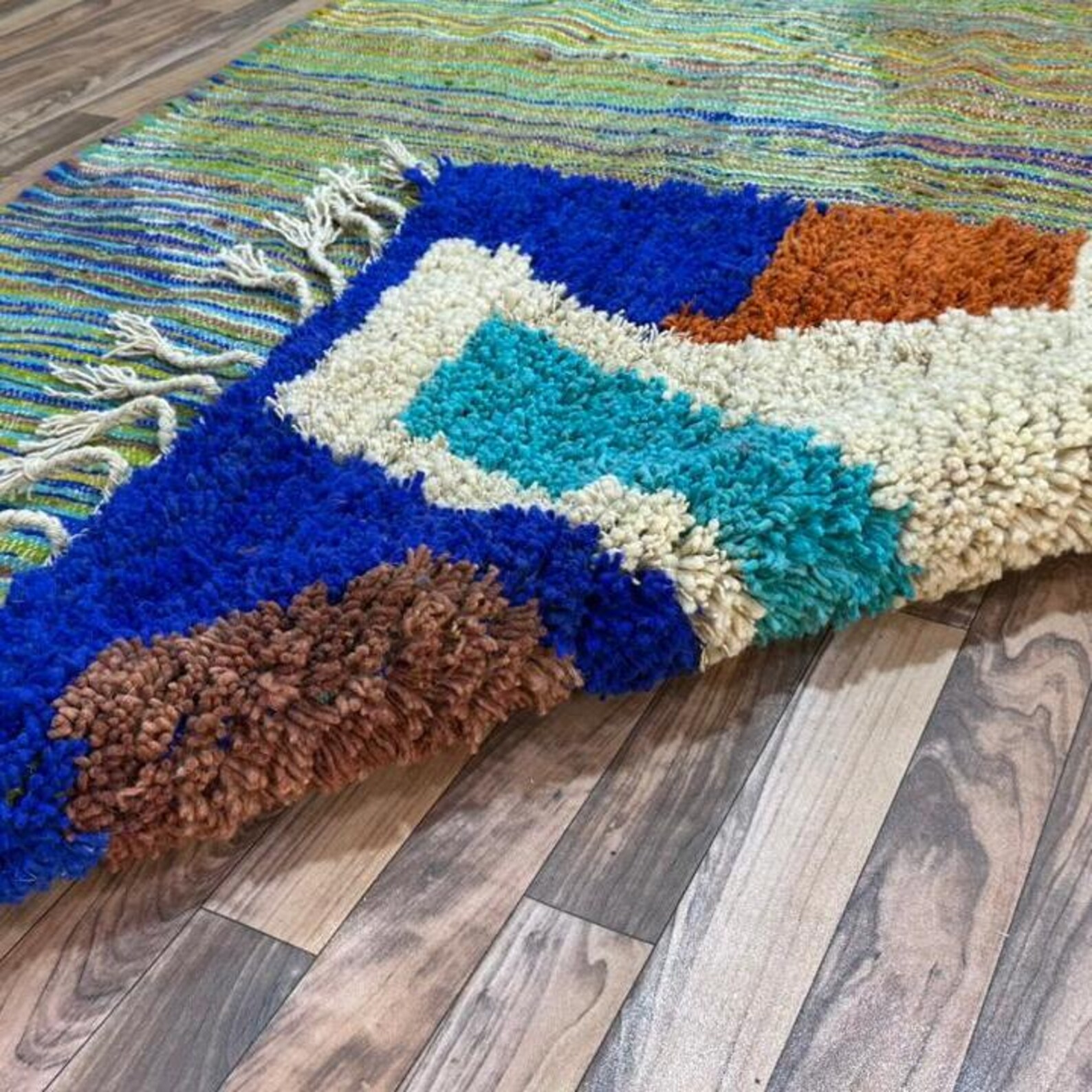Amazigh Berber Terracotta Blue Handwoven Natural Wool Modern Rug