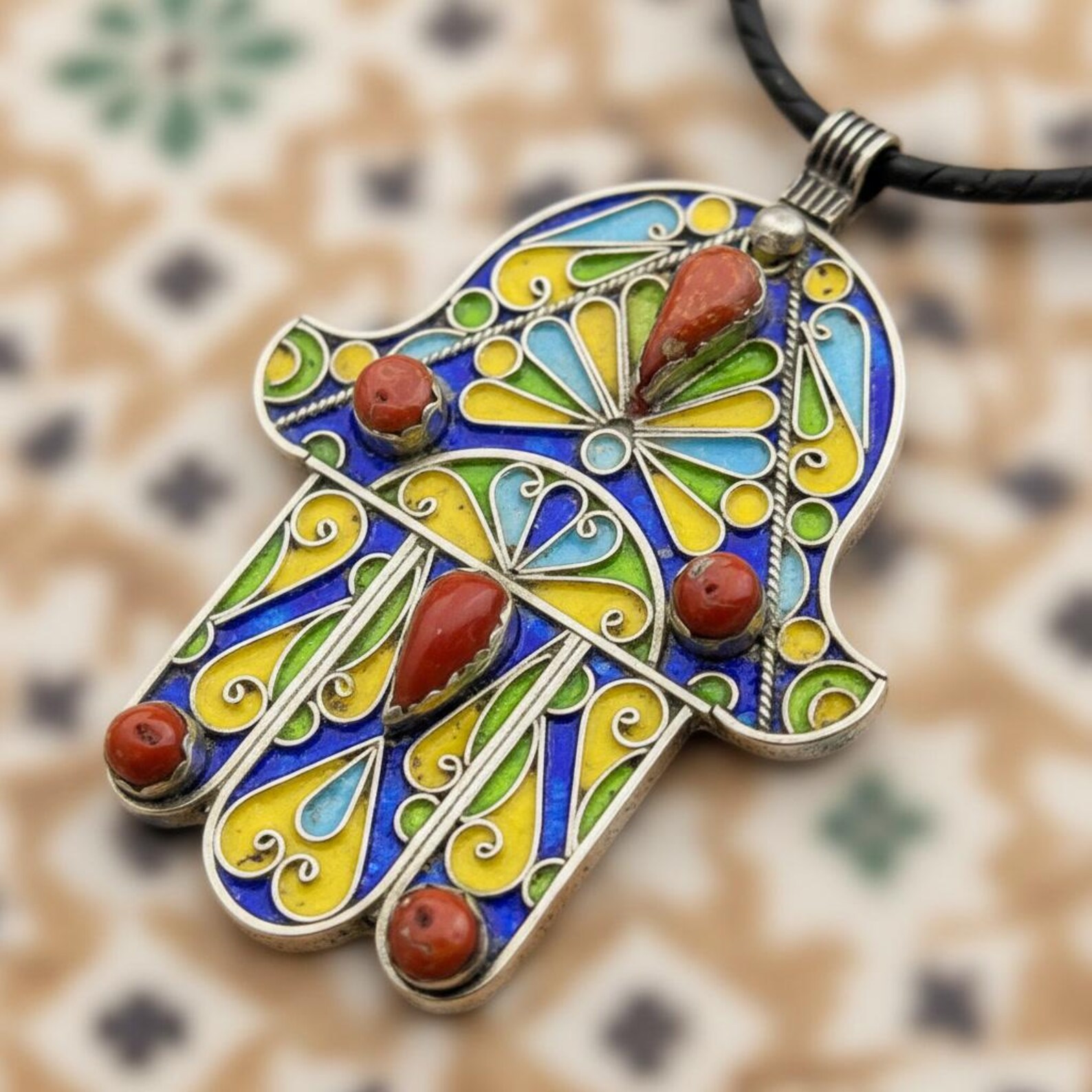 Berber Khamsa Pendant Silver Handmade Hamsa Red Necklace