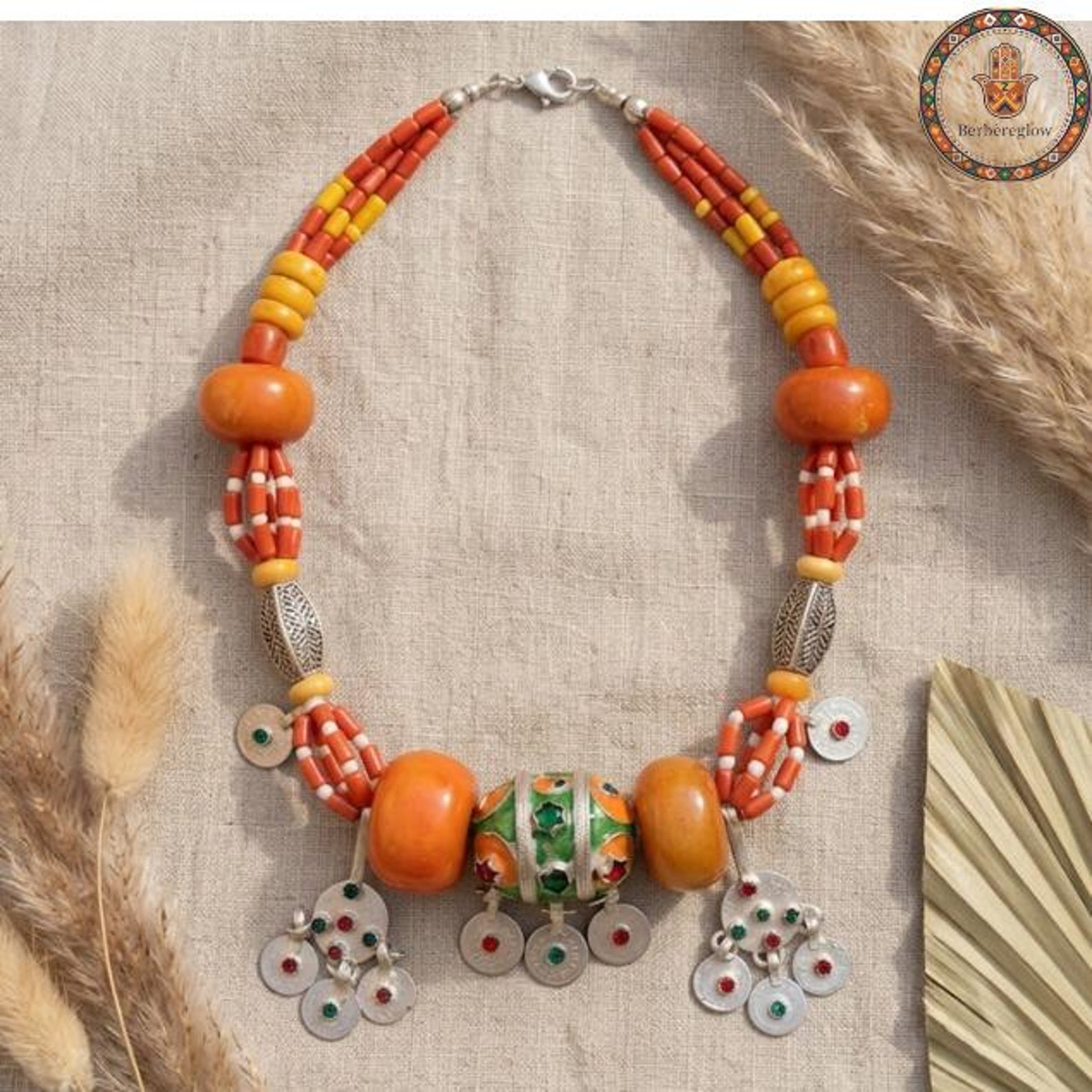 Berber Handmade Tribal Jewelry Orange Beaded Statement Necklace