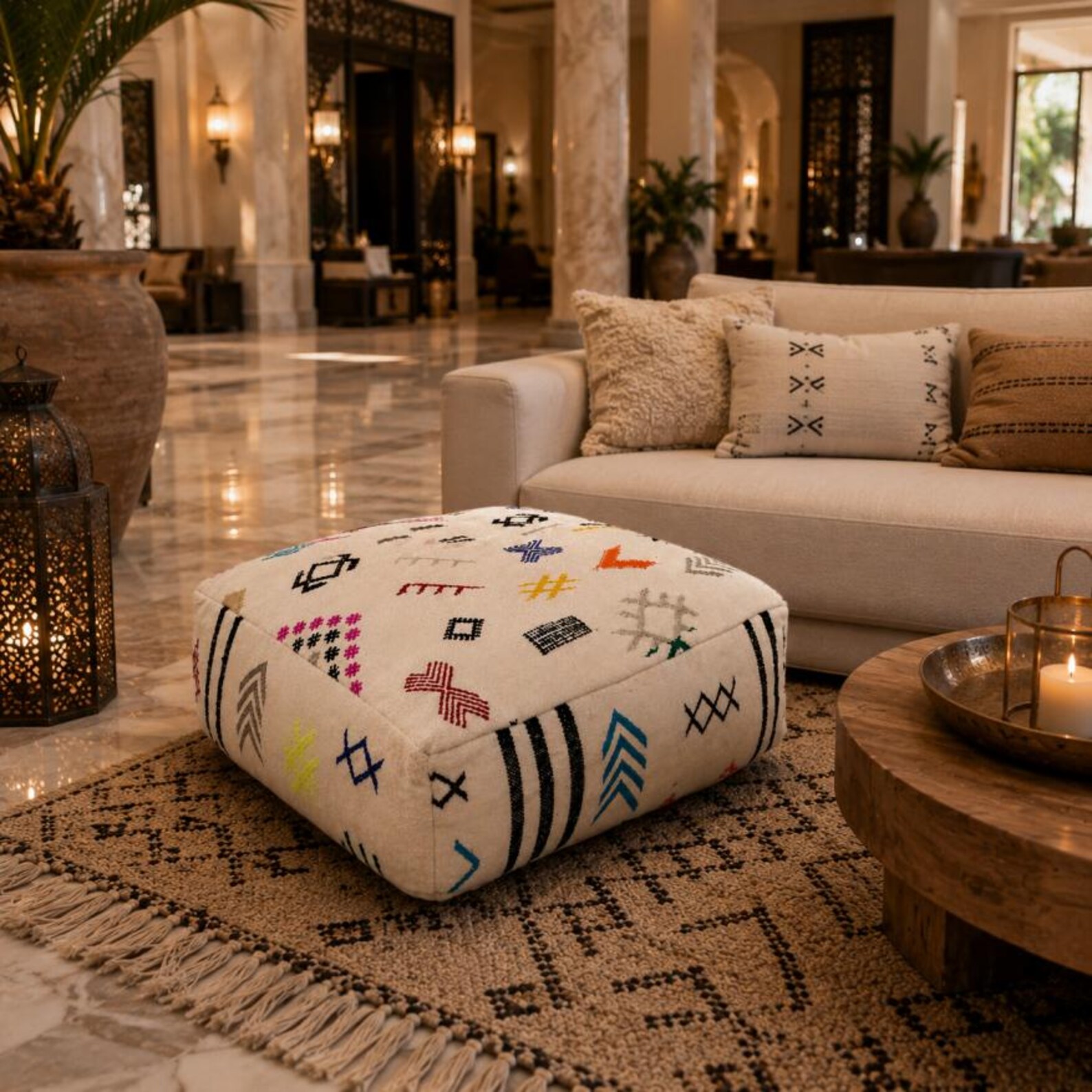 Berber Embroidered Boho Floor Cushion Colorful Tribal Pouf