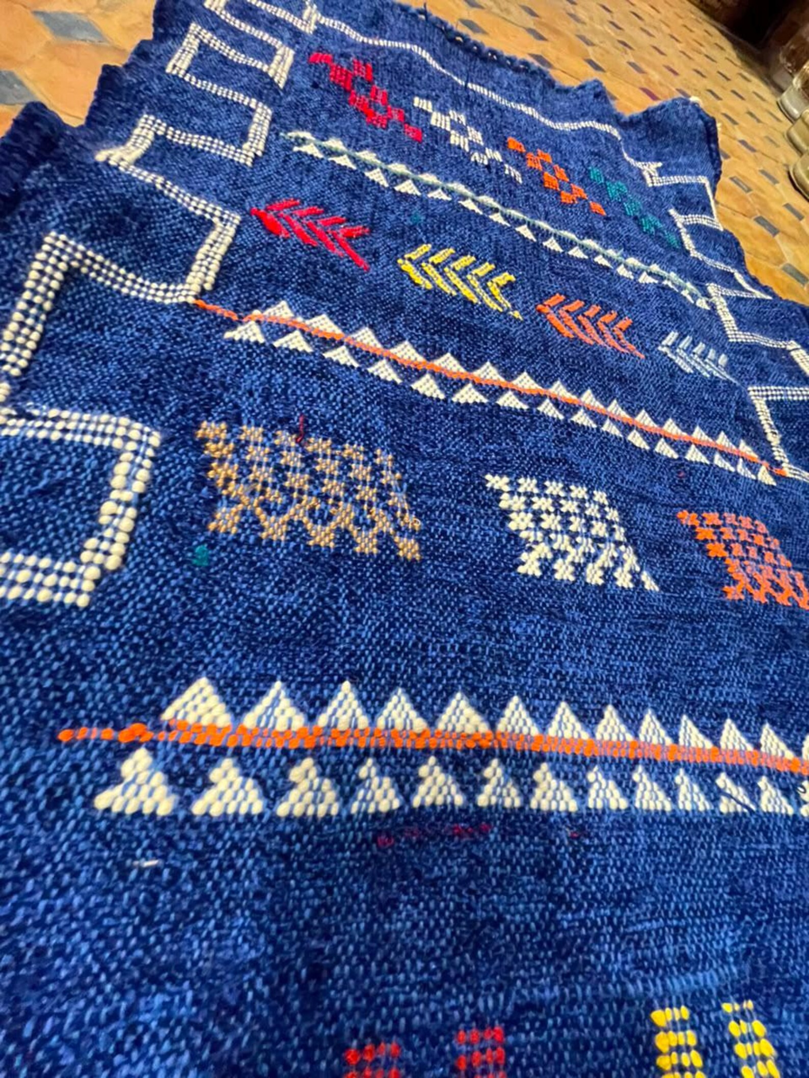 Berber Handmade Navy Blue Cashmere Geometric Carpet Rug
