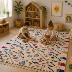 Berber Handmade Colorful Wool White Geometric Carpet Rug