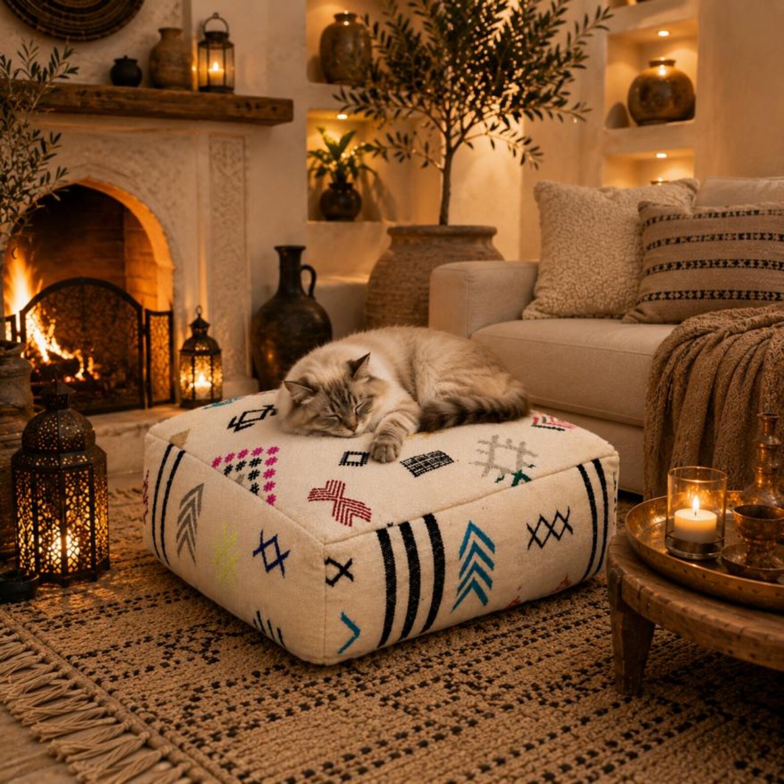 Berber Embroidered Boho Floor Cushion Colorful Tribal Pouf