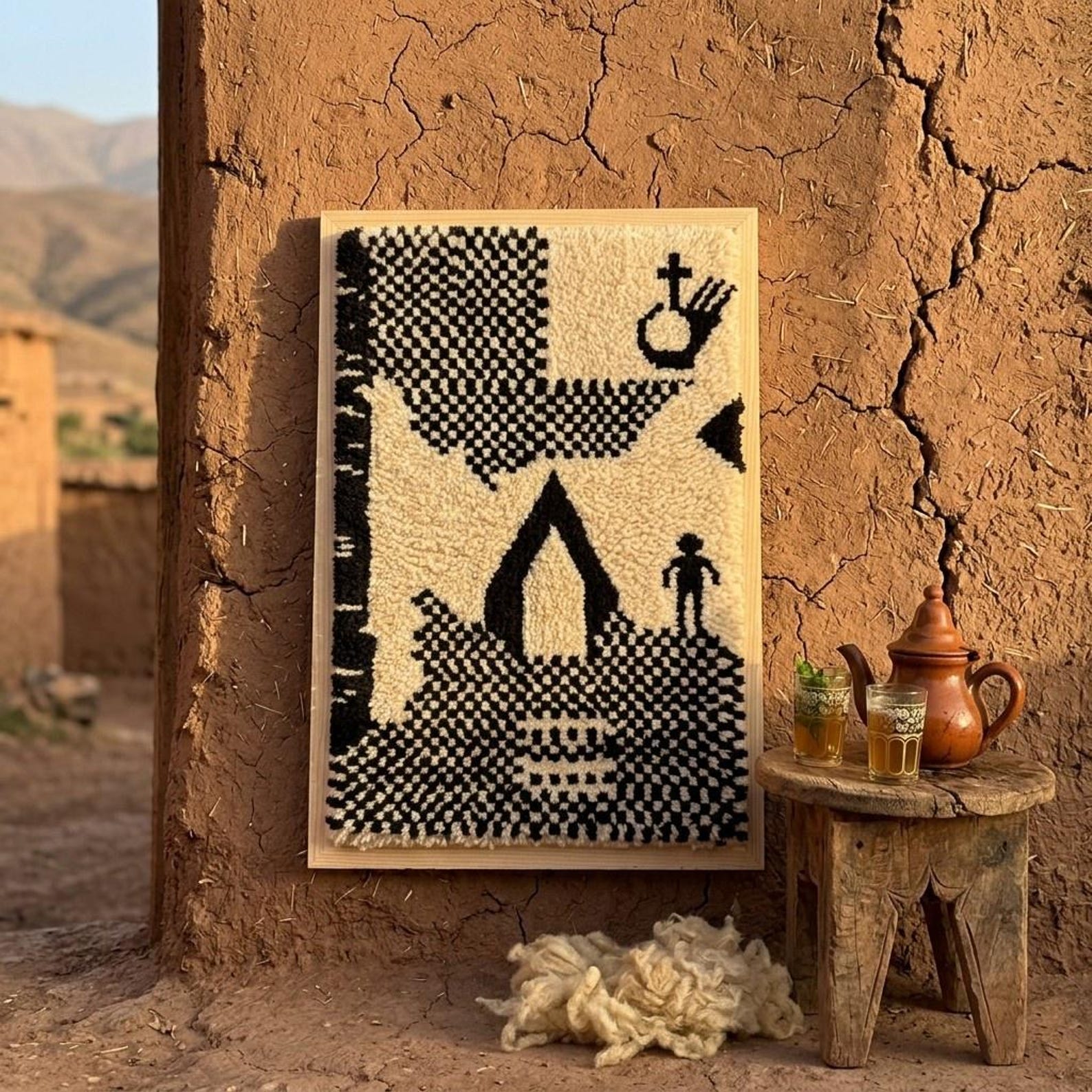 Handwoven Amazigh Berber Wool Rug Wall Tapestry with Tuareg Yaz
