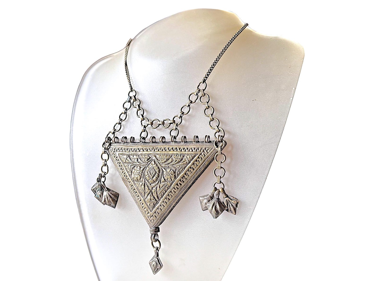 Berber Antique Hand Engraved Silver Alloy Amulet Necklace