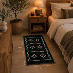 Berber Handmade Black Runner Geometric Rug With Red White Accents