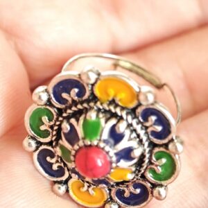 Amazigh Silver Tone Enameled Adjustable Flower métal Ring