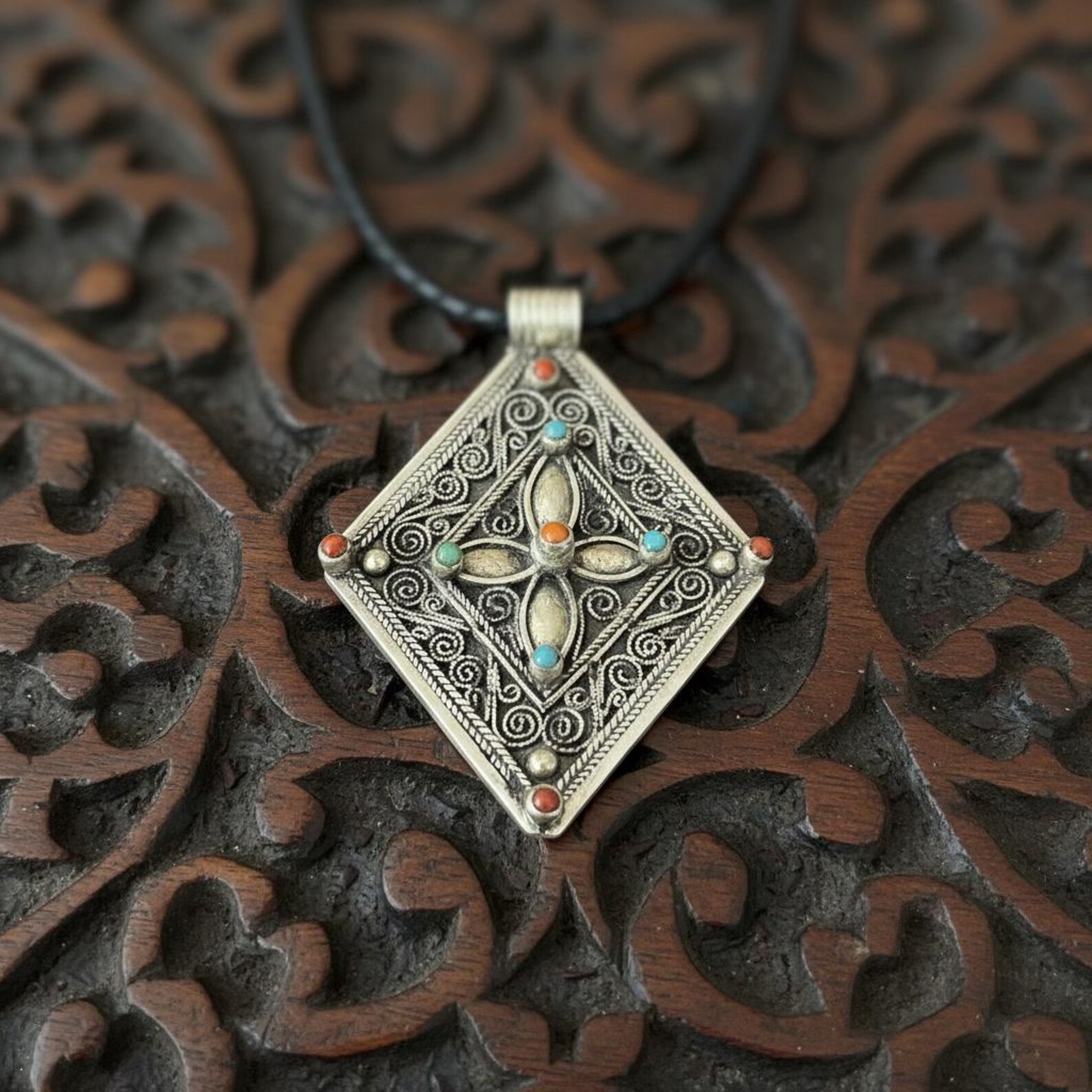 Amazigh Silver Pendant Coral Stone Handmade Jewelry Necklace