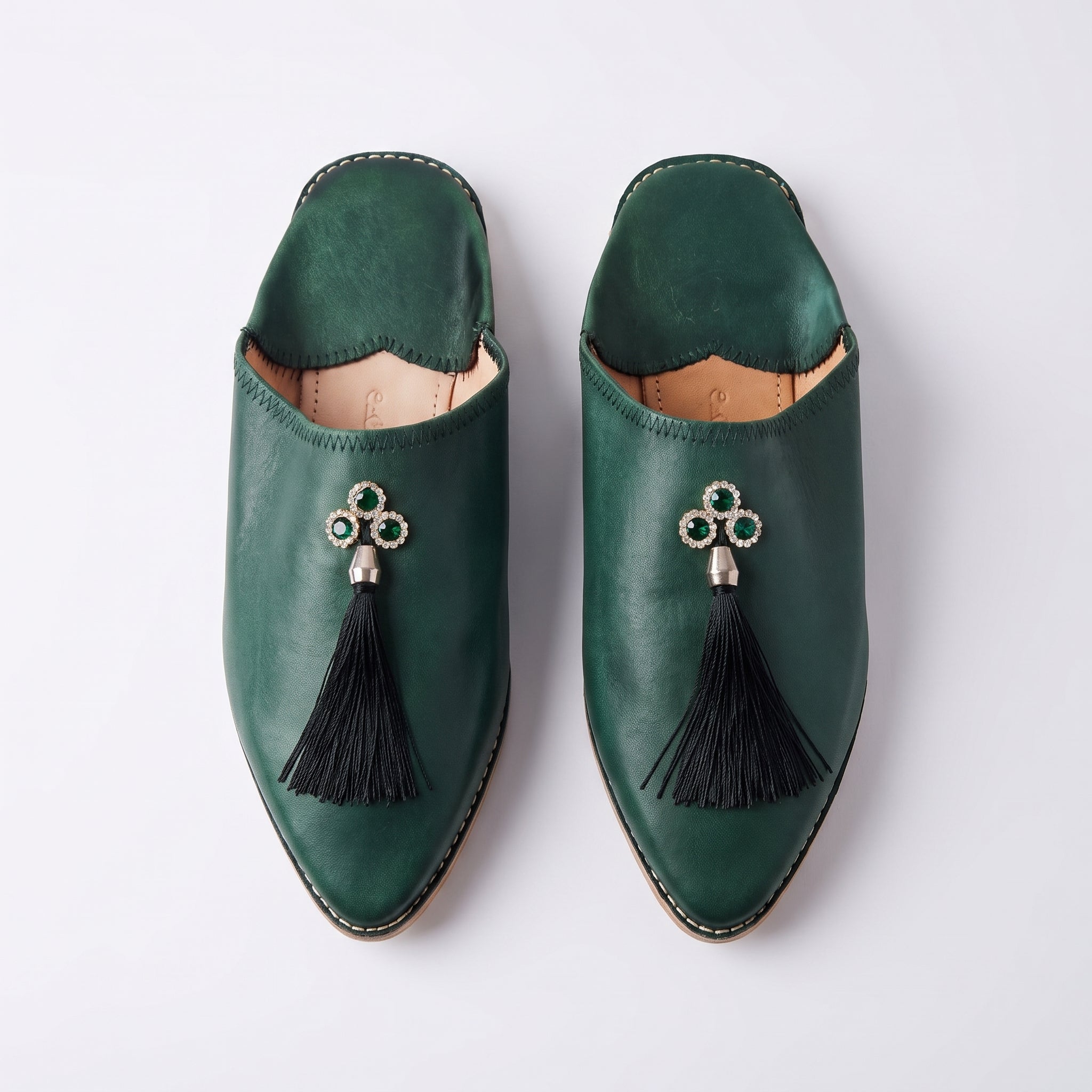 Amazigh Babouche Verte Bouteille Pompon Strass Satin Celebration Shoes