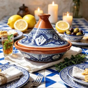 Amazigh Hand-Painted Morrocan Ceramic Blue Flame-Proof Clay Tagine