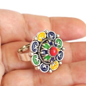 Amazigh Silver Tone Enameled Adjustable Flower métal Ring