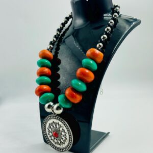 Berber Pendant Necklace with Orange and Green Resin Beads
