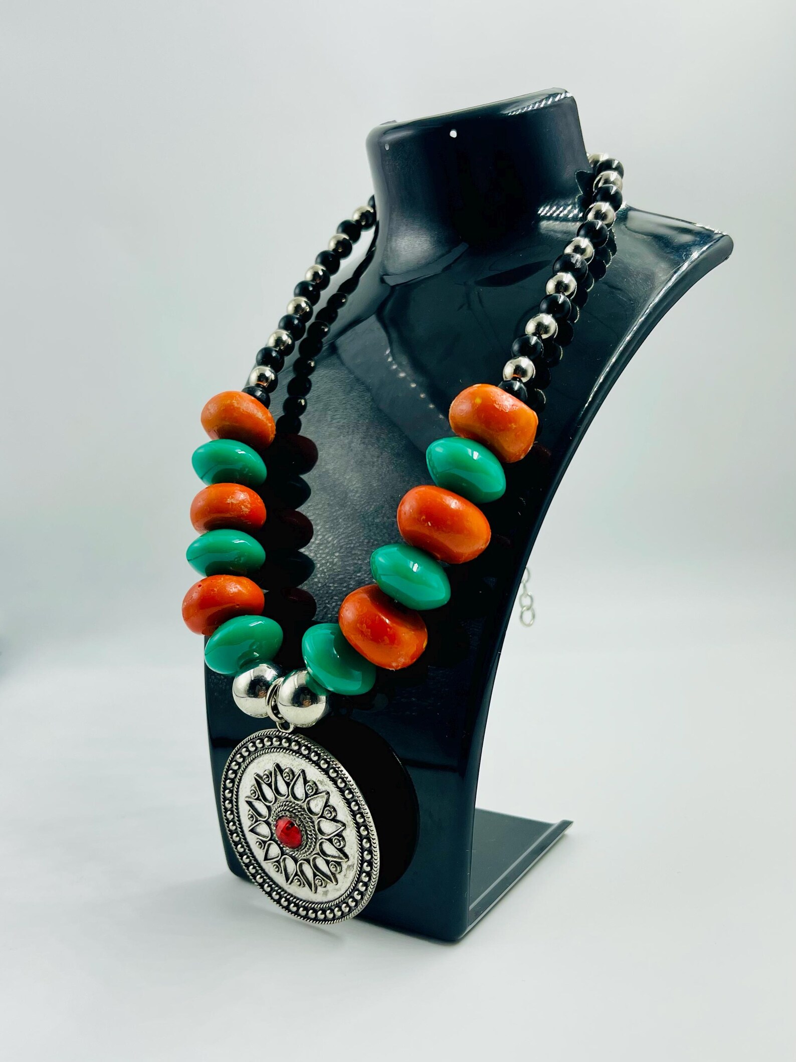 Berber Pendant Necklace with Orange and Green Resin Beads