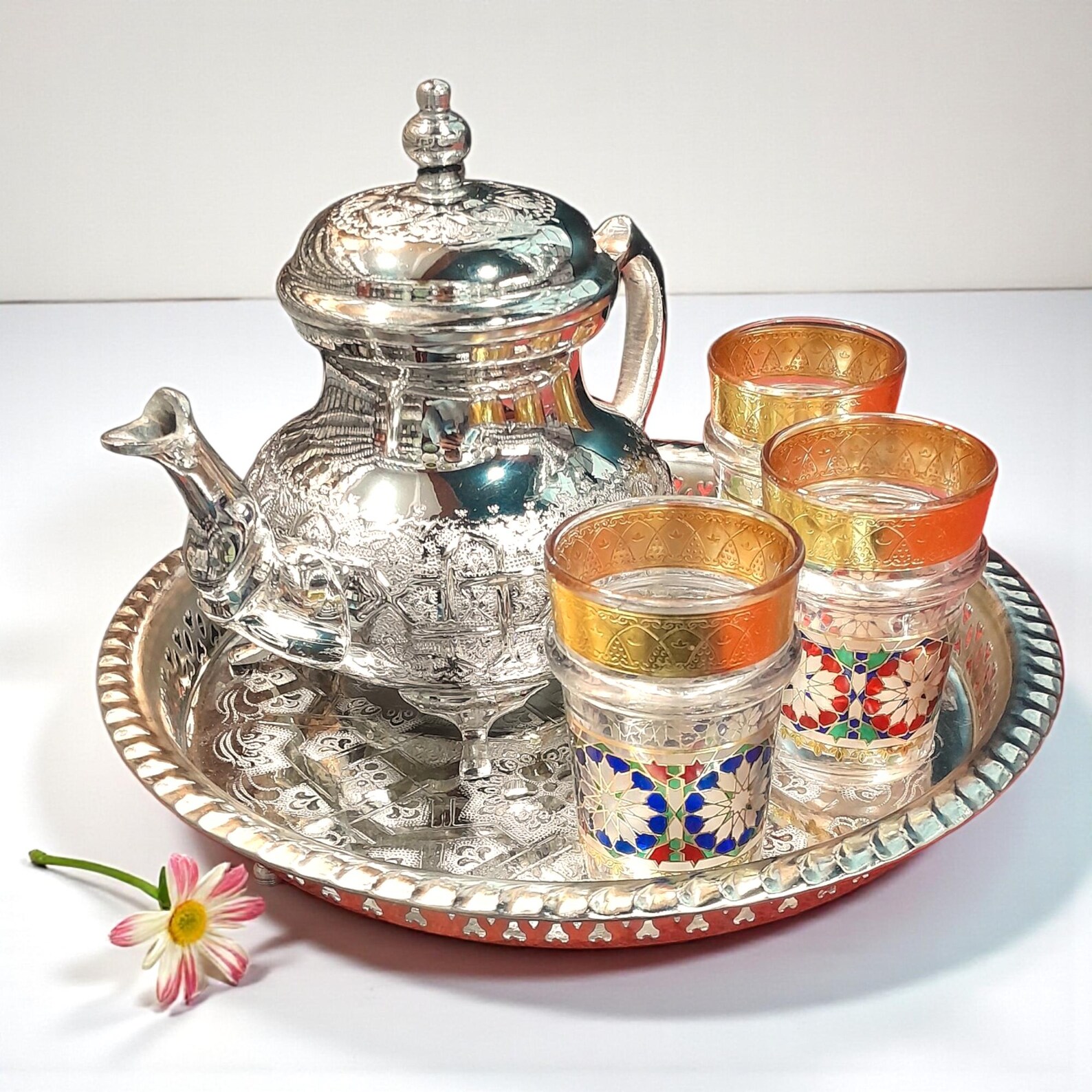 Amazigh Handmade Tea Set Glasses Silver Teapot Tray