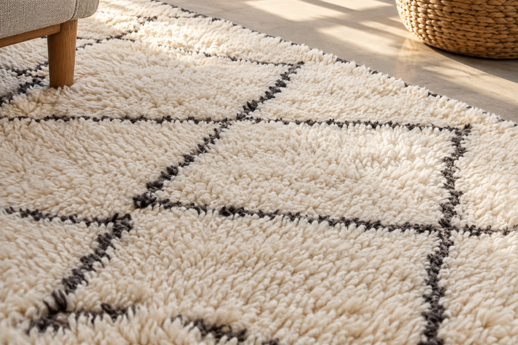 White wool Amazigh rug with geometric design