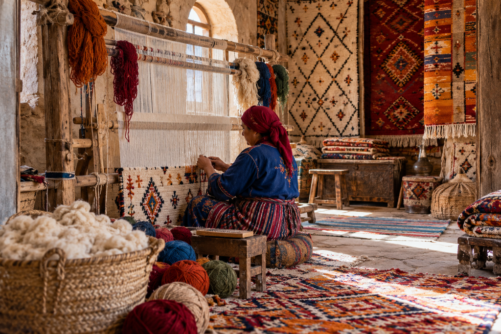 Amazigh rug artisan workshop and finished textiles