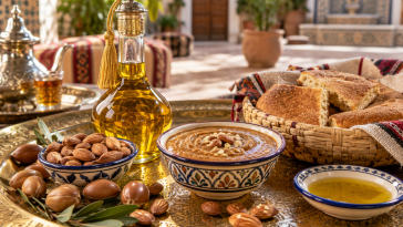 Traditional argan oil and amlou spread with bread and almonds